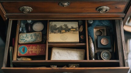 Open drawer of an antique dresser, revealing vintage items inside.