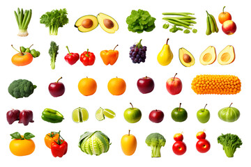 Set of different fresh vegetables and fruits isolated on transparent background	