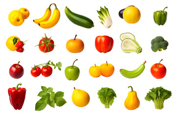 Set of different fresh vegetables and fruits isolated on transparent background	