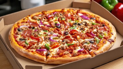Open pizza box on a kitchen table, with toppings ready to be enjoyed.