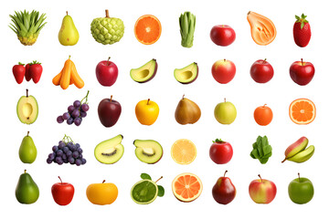 Set of different fresh vegetables and fruits isolated on transparent background	