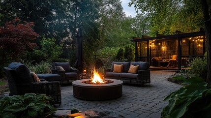 Outdoor living area with a fire pit and cozy seating, firelight flickering under the stars.