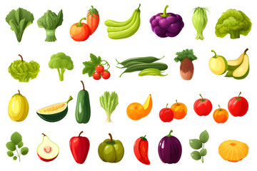 Set of different fresh vegetables and fruits isolated on transparent background	