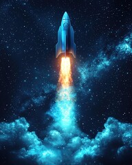 A vibrant rocket soaring through a starry space, leaving a trail of glowing fire and smoke, symbolizing adventure and exploration.