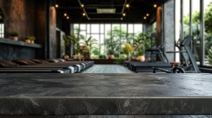 Tabletop in the gym for product presentation. Black empty concrete countertop mockup for sports nutrition