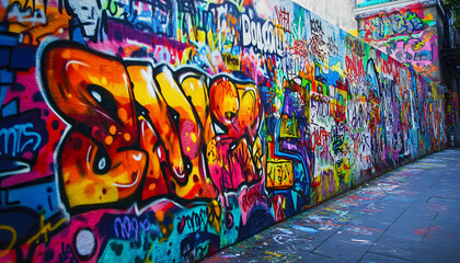 Fototapeta premium A graffiti-covered urban wall, showcasing vibrant colors, bold lines, and an edgy, artistic vibe