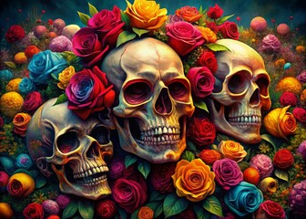 Stunning Artistic Composition of Skulls Adorned with Beautiful Roses for Unique Visual Appeal