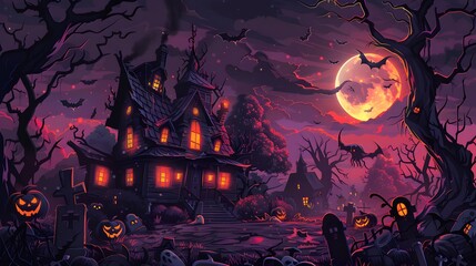 "Spooky Halloween Night with Haunted House and Tombstones – Vector"
