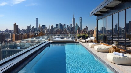 Fototapeta premium Rooftop pool area with city skyline views, modern deck furniture, and clear blue water.