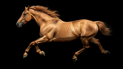 stunning full body shot of horse galloping gracefully, showcasing its powerful muscles and flowing mane against dramatic black background. image captures essence of freedom and strength