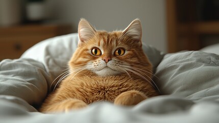 Cute Orange Tabby Cat Relaxing in Bed with Blanket