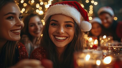 happy friends wearing santa claus hats gathered around the table for a festive christmas dinner party celebrating new year together with joy laughter and holiday spirit in a cheerful reunion