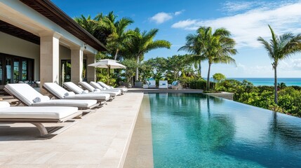 Fototapeta premium Secluded villa pool area with elegant white loungers, palm trees, and clear blue water.