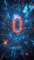 Fototapeta premium Futuristic digital tunnel with glowing numbers, showcasing technology and data in a vibrant blue and orange color scheme.