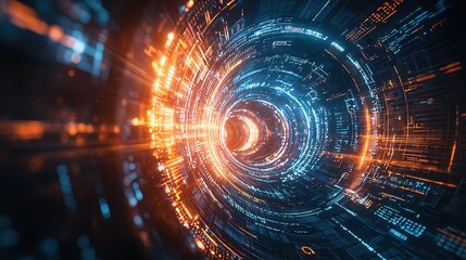 Fototapeta premium Futuristic digital tunnel with glowing orange and blue lines, representing advanced technology and virtual reality.