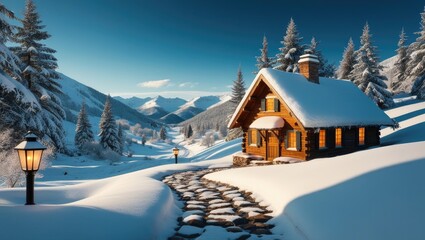 Fototapeta premium Cozy Cottage in a Winter Wonderland