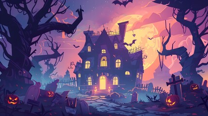 "Minimalist Halloween Scene with Haunted House and Ghosts – Vector"
