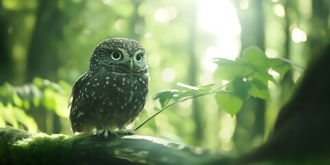 Fototapeta premium Small owl perched on moss-covered branch in forest