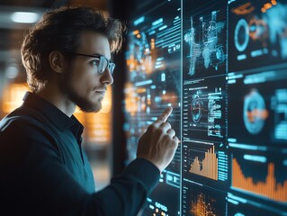 Man interacting with a futuristic digital interface, analyzing data and charts, with glowing blue and orange graphics.