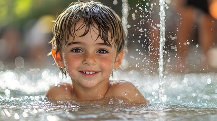 Obraz premium Happy Child Playing In Water Fountain