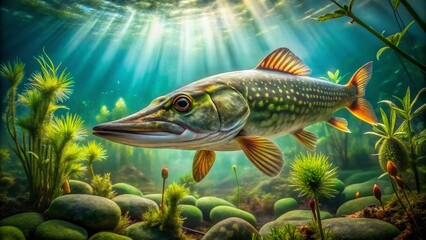 Fototapeta premium Stunning Freshwater Pike Fish Swimming in Clear Water Among Aquatic Plants and Natural Habitat