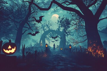Virtual reality Halloween adventure set in a spooky forest with flying witches and interactive trees.