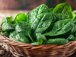 Fresh organic spinach leaves with dew in a rustic basket, perfect for healthy eating, organic farming, and nutrition content.