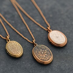 Vintage-inspired locket necklace, brass and copper, engraved details, nostalgic and unique