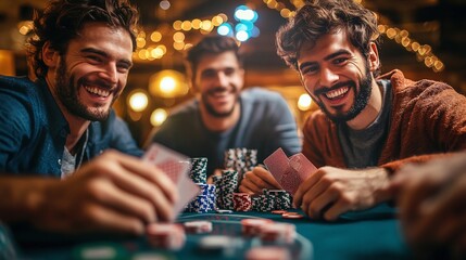 group of men friends enjoying a casual poker night at home playing cards in a fun and relaxed environment filled with laughter and friendly competition showcasing the joy of bonding and friendship