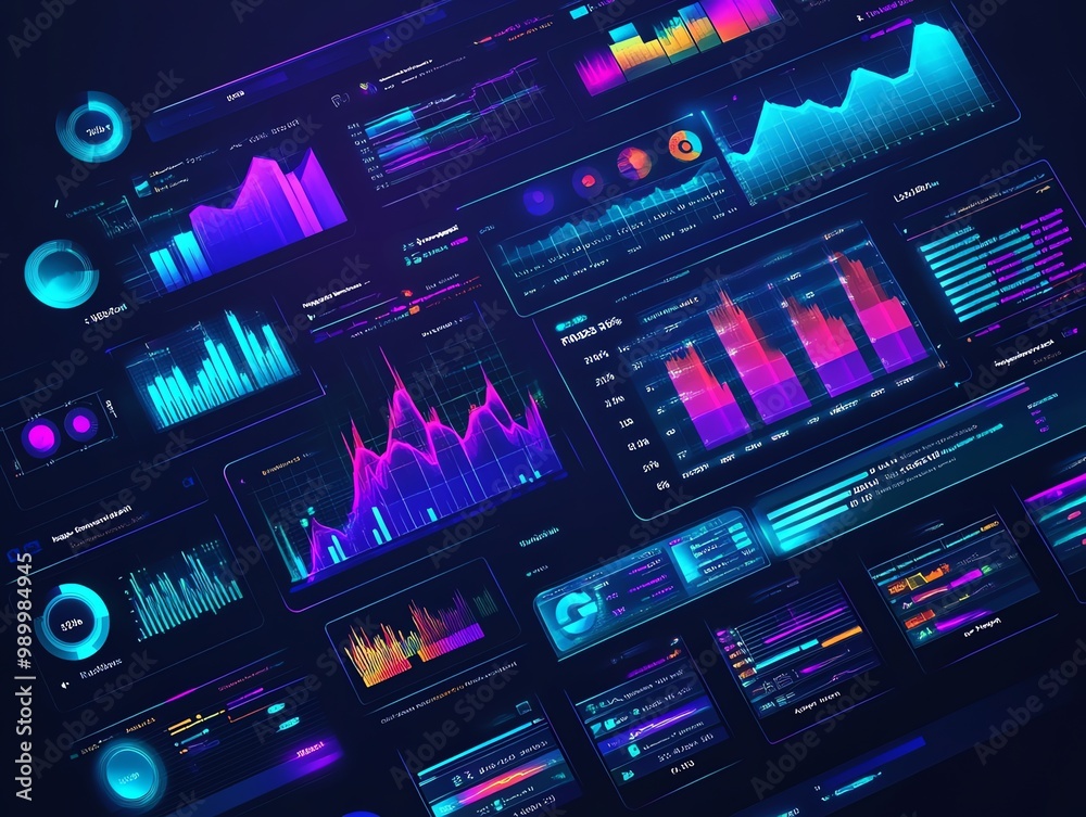 Poster neon-colored charts and graphs on a black background representing data and analytics.