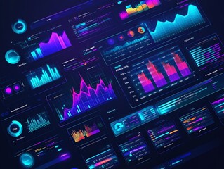 Neon-colored charts and graphs on a black background representing data and analytics.