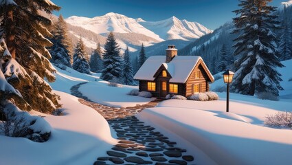 Fototapeta premium Cozy Cottage in a Winter Wonderland