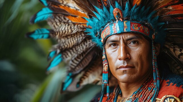 portrait of a man in traditional aztec warrior attire dressed as moctezuma the general featuring a feathered headdress and ceremonial armor symbolizing the powerful leadership of the aztec empire
