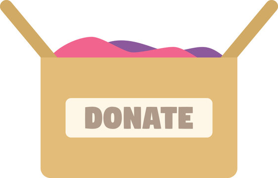 Open cardboard donation box full of clothes, ready to be sent to a charity organization