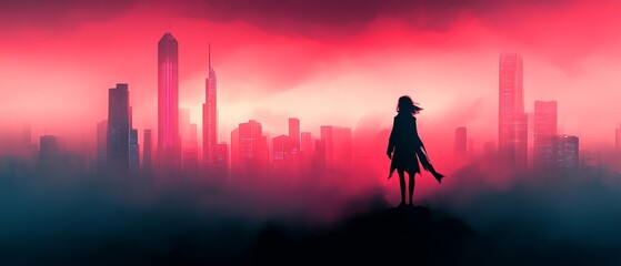 Fototapeta premium Silhouette of Woman Against City Skyline at Sunset