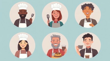 a set of illustrated avatars in circular frames showcasing diverse chefs and customers. One chef wears a traditional chef hat and holds a spatula, a customer has shoulder-length hair