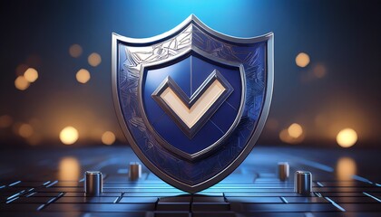 A sleek, blue shield with a checkmark symbolizes security and protection against digital threats in a high-tech environment.