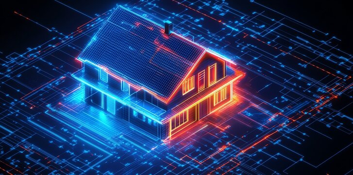 A 3D rendering of a house outlined in neon blue and orange light, situated on a grid of neon lines.