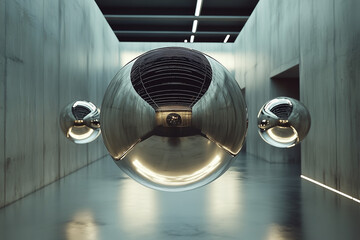 Floating metallic spheres in a techno-inspired space, creating a futuristic and visually striking composition that evokes a sense of movement and energy