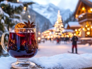 A glass of mulled wine is sitting on a ledge in front of a Christmas tree