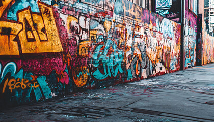 Obraz premium A graffiti-covered urban wall, showcasing vibrant colors, bold lines, and an edgy, artistic vibe