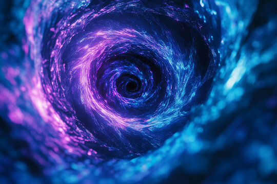 A swirling vortex of blue and purple hues with neon accents, drawing the viewer into a mesmerizing and hypnotic visual experience