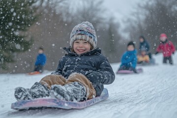 A Young Boy Smiles As He Rides Down A Snowy Hill On A Sled