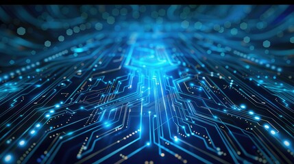 Quantum computer technologies concept. Futuristic blue circuit board background