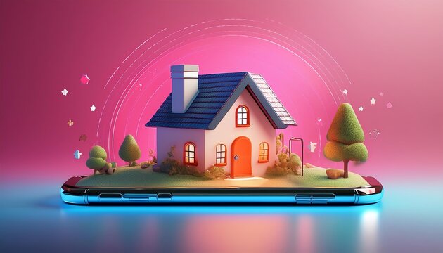 A digital illustration of a cozy house on a smartphone, representing virtual home concepts and modern technology.