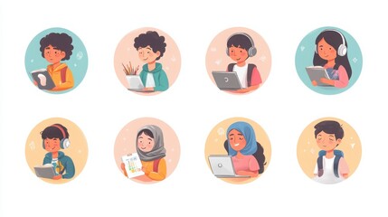 Fototapeta premium a set of illustrated avatars featuring students engaged in various academic activities in circular frames. One student is holding a paintbrush and has short