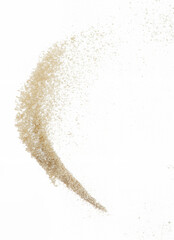 Brown Sugar Explosion in Mid-Air, Granulated Sugarcane Particles Suspended in a Dynamic Freeze-Frame Against a White Background