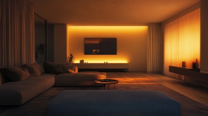 Fototapeta premium Soft lighting illuminating a minimalist living room with plush, comfortable seating. -