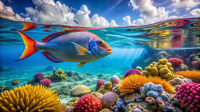 Tamboril Fish Swimming in Clear Ocean Water with Vibrant Coral Reef in Background Undersea Scene