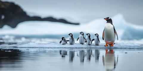 Fototapeta premium Group of penguins walking on frozen surface